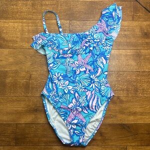 Lilly Pulitzer Amalfi Blue Caelum one piece swimsuit bathing suit ruffle